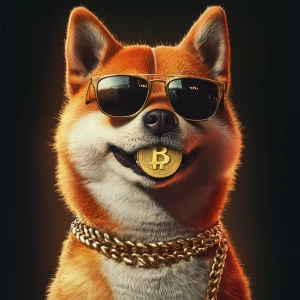 realistic Shiba Inu dog with a mischievous grin, wearing sunglas...