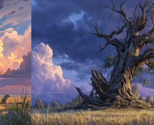 A cinematic digital painting of a lone, ancient gnarled oak, the...