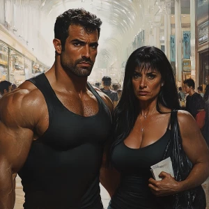 Realism art,A muscular man, glistening with sweat, walks with hi...
