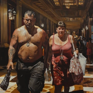 Hyperrealistic painting.A sweaty beefy man walking with his 54 y...
