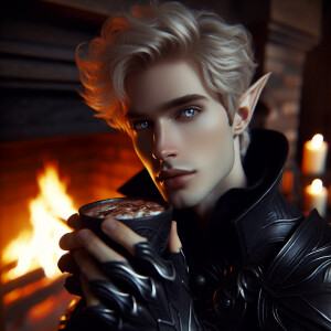 Caranthir-Ar-Fieniel from the Witcher drinks hot cocoa in front...