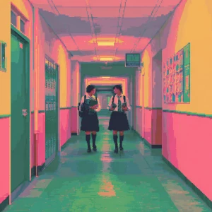90s VHS aesthetics minimalistic school hallway with two students...