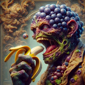 a grotesquely mutated anthropomorphic grape  eating a banana, ul...
