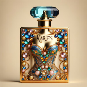 Create a 3-D realistic gold and blue, colorful jewels perfume b...