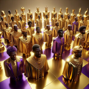 3-D realistic oil, painting, Oh a gold, and purple human chessbo...