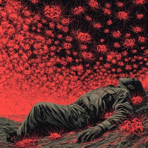 Depict a scene where a scientist lies motionless on the ground w...