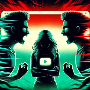 Create a YouTube thumbnail displaying silhouettes or blurred fac...