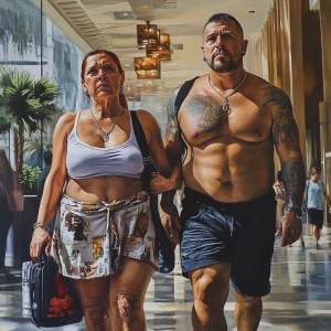 Painting hyperrealistic.A sweaty  man walking with his 54 year o...