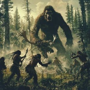 A group American choctaw chase several towering, hair-covered hu...