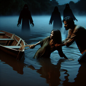 A guy and a girl in the lake. Nearby, the boat is filling with w...