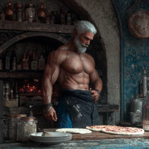 Can you make a picture of an Italian man behind the counter maki...