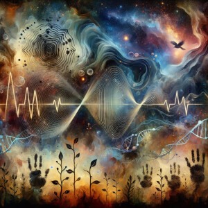 lie detector graphs, cardio, printout , branches infinity sign, cave, Art, handprints, distant birds flying, flowering vines, abstract gestural painting, dna cave drawings galaxies electrical cardiogram