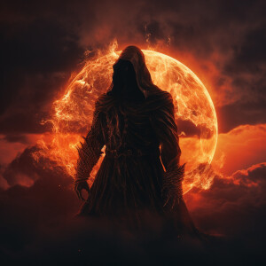 Double exposure portrait of  the grim reaper forming clouds kiss...