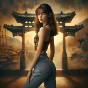 Athletic Thin skinny Attractive, Asian teenage girl, long brown hair and bangs, wearing tight skinny jeans and a halter top paint marks on her clothing, heroic pose Asian graffiti background, backside view