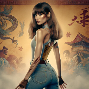 Athletic Thin skinny Attractive, Asian teenage girl, long brown hair and bangs, wearing tight skinny jeans and a halter top paint marks on her clothing, heroic pose Asian graffiti background, backside view