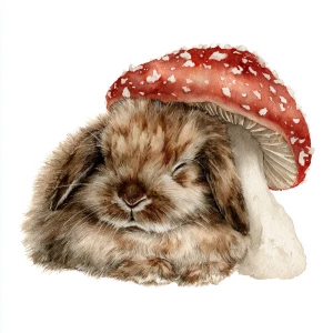 Fluffy brown rabbit sleeping under red spotted mushroom, soft wa...