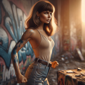 Sexy, Asian teen girl wearing skin tight jeans and a halter top long hair and bangs paint marks on her clothing, graffiti background heroic pose side view