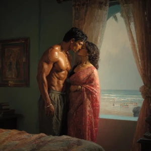 Realism,photo painting.a muscular, sweaty Indian man standing in...