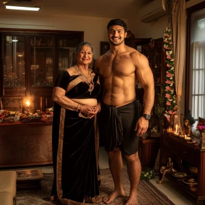 A muscular man, glistening with sweat, joyously celebrating Diwa...