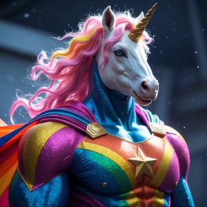 Imaginew a bad ass superhero named unicorn Man. With a majestic rainbow color main and magical powers involving rainbow glitter and and the most amazing physical attributes