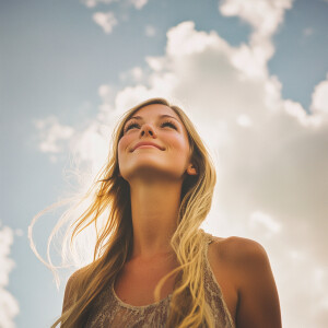 beautiful young woman in a stylish captured in a low-angle, mid-...