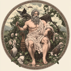 Design an image of Zeus reimagined in a cottagecore aesthetic, w...