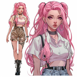 Create a character design for an anime girl with unique pink hai...