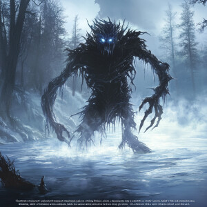 "Illustrate a malevolent, water and ice-based entity rising from...