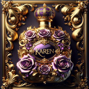 Craft an image of an ornate perfume bottle, with a luxurious design featuring purple roses and intricate gold detailing. At the center of the bottle, include an elegant, raised gold script that spells out the name 'Karen'. The bottle should exude opulence with a jeweled crown-like cap and a background that suggests sumptuousness and sophistication. The script should be harmonious with the lavish design, standing out against the purple and gold palette.