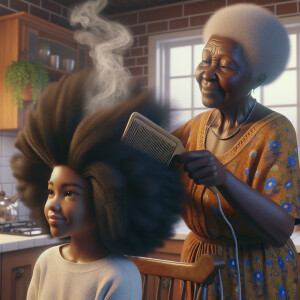 Create a realistic 3-D image of an african-American grandmother in the kitchen with her african-American granddaughter. The grandmother has a hot comb in her hair and she is straightening her granddaughters hair. One side of her granddaughters hair is in  a Afro the other is bone straight 
There is smoke coming from the hot comb