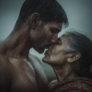 Hyperrealism.a muscular sweaty indian  man  standing with his at...