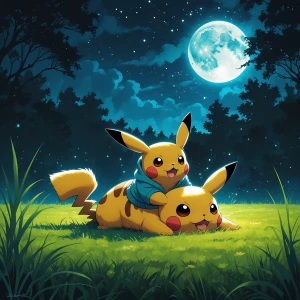 "A digital painting of a Raichu lying on its back in a lush gree...