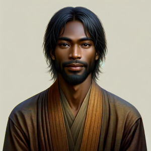 Create an image of a serene African American man with medium-len...