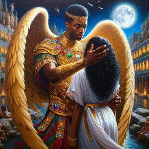 Create an oil painting image featuring a male angel and a grievi...