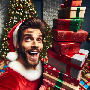 A man with neatly slicked-back brown hair dons a festive Santa h...