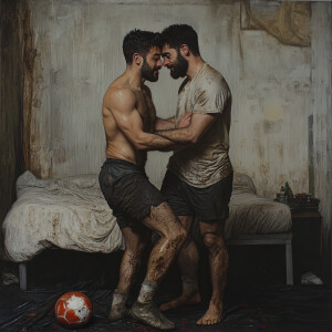 two men in soccer clothes, one without t-shirt, sweaty, both wit...