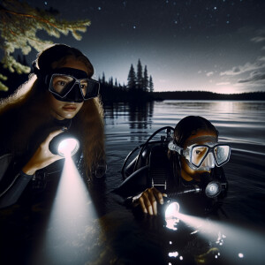 Two girls in scuba gear enter the lake at night