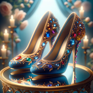 Imagine a pair of enchanting shoes, each a mirror image of the other, placed gracefully upon a regal surface. They are bathed in the soft, diffuse light that casts gentle reflections upon their silk fabric. These shoes are no ordinary footwear; they are a masterpiece of vibrant royal blue, adorned with ornate golden filigree and a multitude of glittering jewels in various hues—rubies, sapphires, emeralds, and delicate pink diamonds. Each shoe boasts an elegant, curved heel in a matching vivid blue, with tiny red and blue gems accenting the base. The shoes are positioned against a backdrop of soft-focus flowers, their pastel colors complementing the rich tones of the shoes, with hints of gold framing providing a touch of opulence. This image captures the essence of a fairy tale brought to life, a visual symphony of color and splendor.