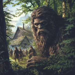 A humanoid Sasquatch covered in thick hair, peering from behind...