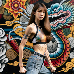 Very thin Athletic Thin skinny Attractive, Asian teenage girl, long brown hair and bangs, wearing tight skinny jeans and a halter top paint marks on her clothing, sitting side view heroic pose Asian graffiti