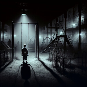 Night. An abandoned playground. There is a boy standing next to...