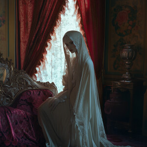 In the dimly lit corner of an opulent, forgotten parlor stands a...