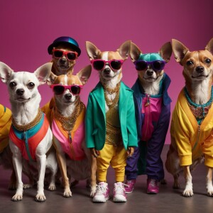 A group of human-chihuahua hybrids standing upright, dressed in...