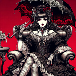 Elegant gothic lolita, beautiful lilith, red background, sitting on the throne