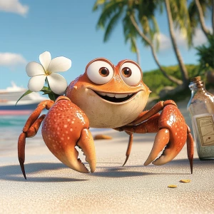 Create a charming cartoon image of a female red crab with a coco...