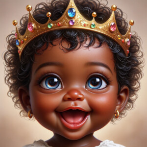 "Create a digital portrait of an adorable african-American baby girl with a joyful expression. She is wearing a gold crown with colorful jewels. Her big, bright blue eyes are wide with wonder, and her tiny mouth is shaped in a happy grin. Her skin has a warm, honey-brown tone, and she has an abundance of thick curly black hair, The background is soft and neutral to keep the focus on her delightful features. The portrait should be vibrant and heartwarming, celebrating the innocence and charm of childhood."