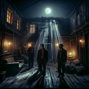 Two men and one woman are in a dark old dirty house at night