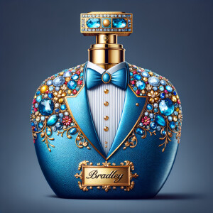Create a blue and gold cologne bottle in the shape of a tuxedo w...
