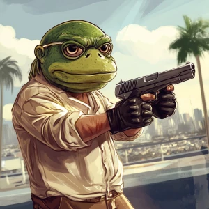 meme PEPE involved in a shootout. Use GTA carton style