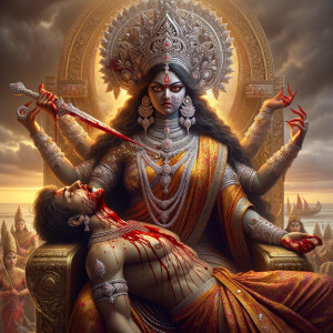 portrait of angry looking goddess durga, sitting on a gold crown...